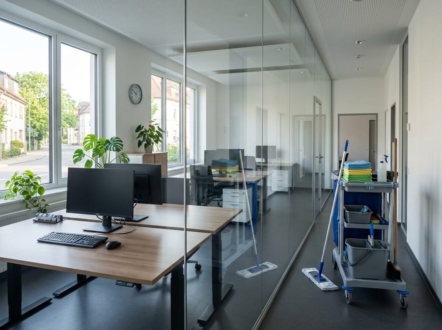 Sauberes Büro mit Glastrennwand nach der Unterhaltsreinigung